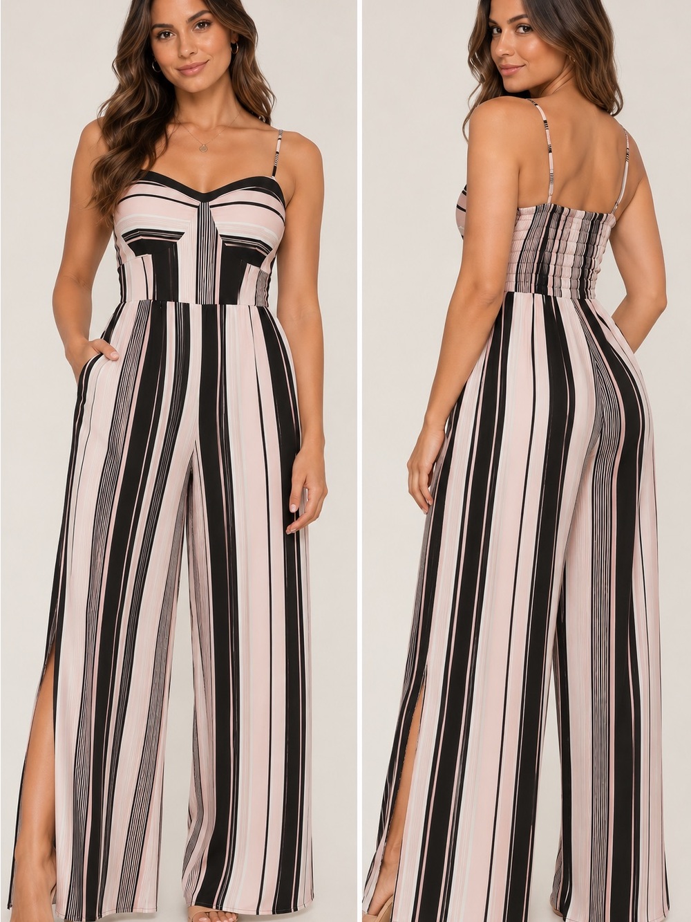 Xhilaration Striped Wide-Leg Jumpsuit – XL – Smocked Back – Open Side Leg